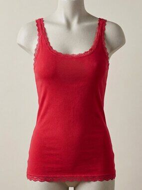Pink Lace Hem Ribbed Cotton Stretchy Tank Top Y2k Genz Penny 2000s L